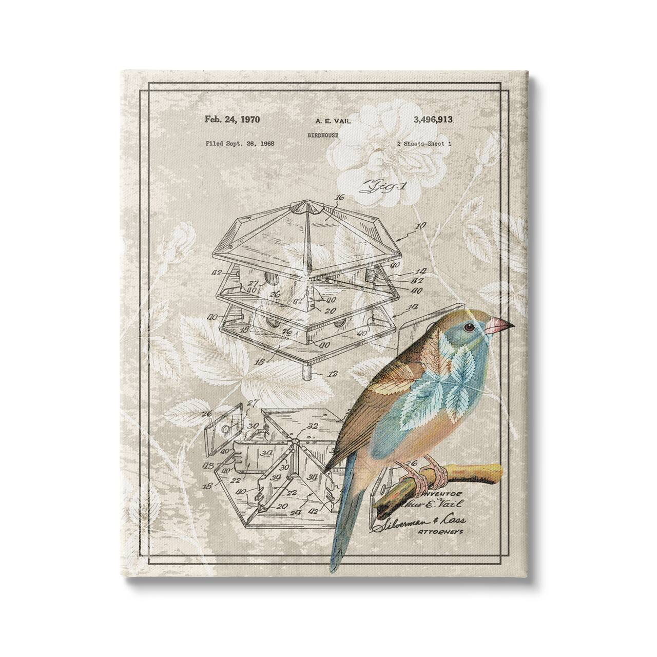 Stupell Industries Vintage Bird House Patent Design Figure Eastern Bluebird Canvas Wall Art